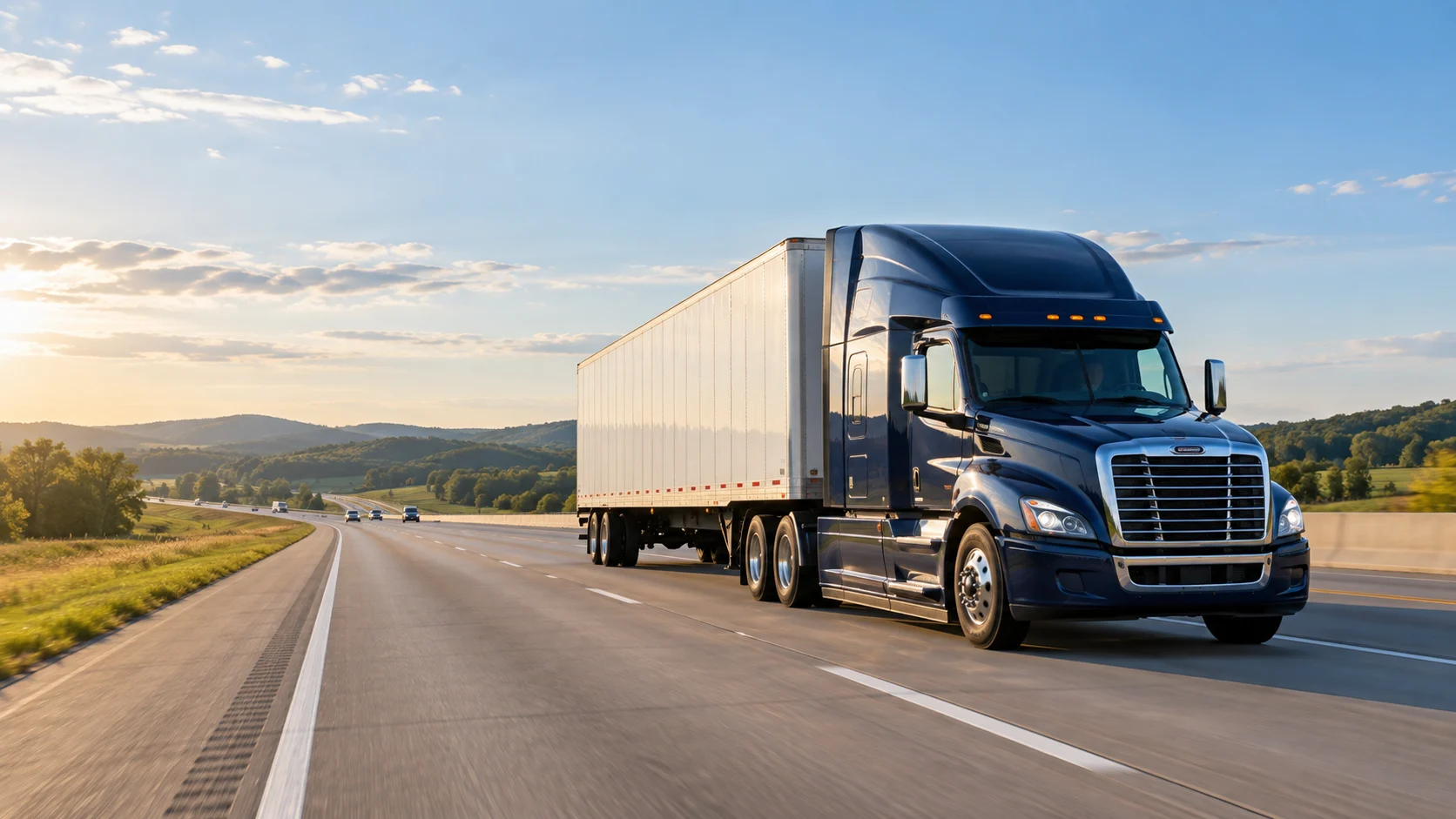 Navy semi truck with a white dry van trailer on an open highway