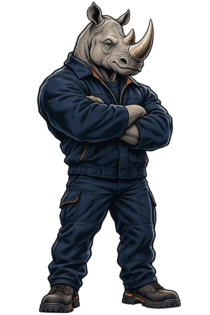 Atlas, a tough rhino in a bold ink illustration style